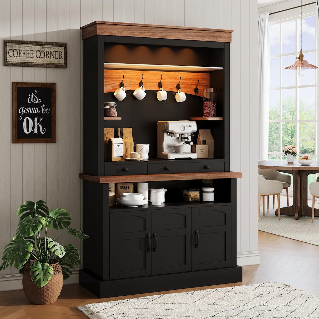 Coffee Bar Cabinet with LED Light, 72" Tall Farmhouse Coffee Bar Hutch with Storage, Sideboard Buffet Cabinet