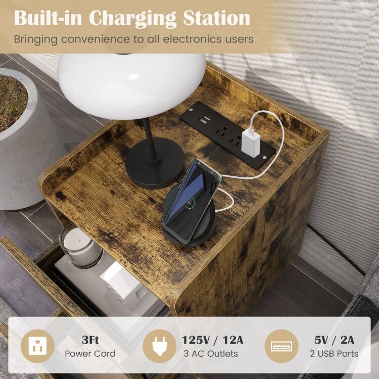 Bedside Table with Storage Drawers and USB Charging Station