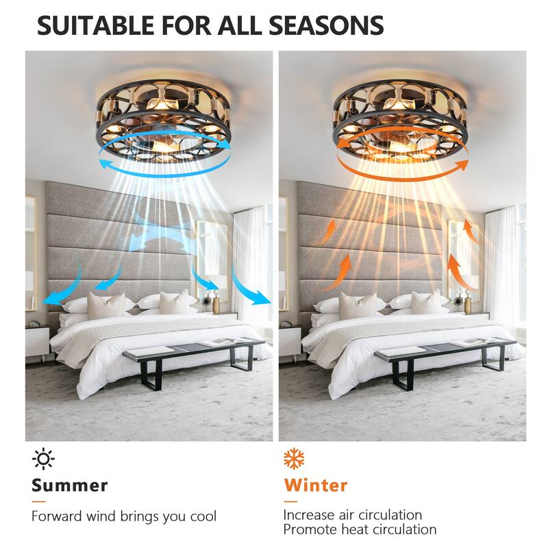 Modern Semi Recessed Ceiling Fan Light with Light and Timer Function, 6 Wind Speeds for Bedroom and Living Room