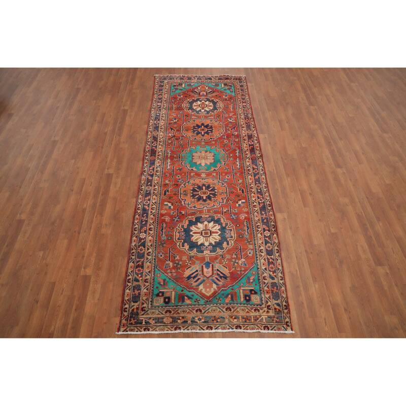 Hand Knotted Oriental 100% Wool Carpet Traditional Floral Oranges & Rust Heriz Runner Rug - 10' 2'' X 3' 10''