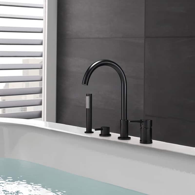 Matte Black Tub Faucet With Handheld Shower 4 Hole Bathtub Filler Modern Deck Mounted Roman Bathroom Tub Faucets With Valve