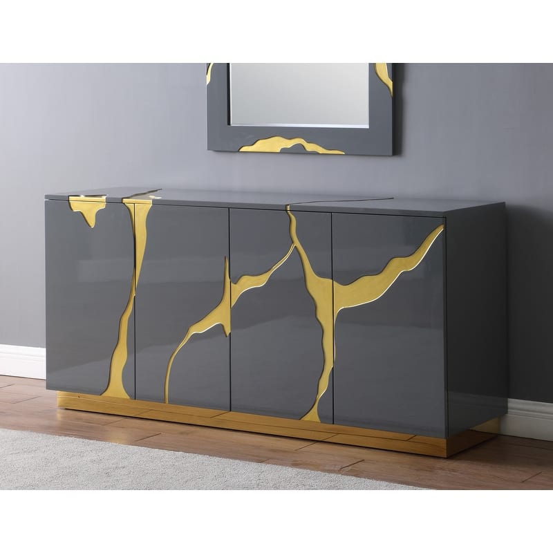 Best Master Furniture 66-Inch Lacquer Poplar Wood 4-Door Sideboard with Adjustable Shelves - Grey