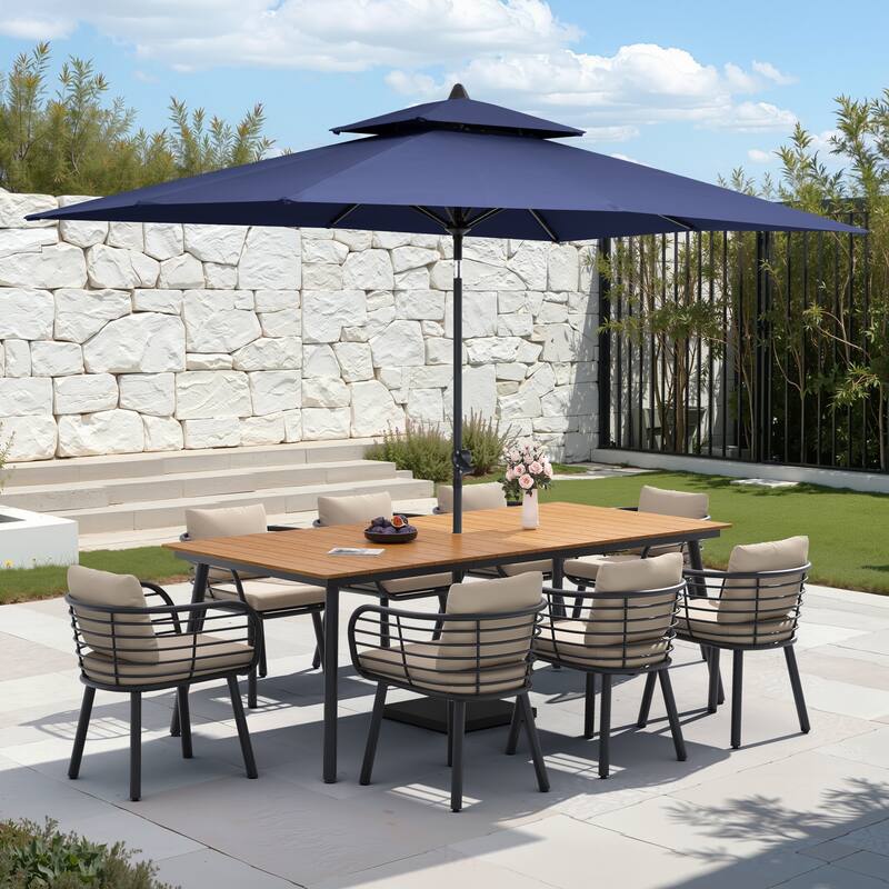 9/11-PieceOutdoor Patio Dining Set with Sunbrella Cushions Aluminum Dining Table and Chairs w/10 ft Umbrella and Base - Set of 11 - Brown Table with Navy Blue Umbrella