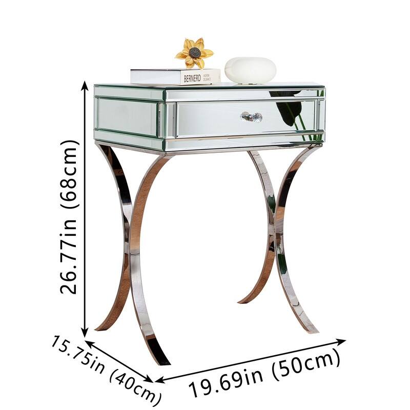 Mirrored Nightstand with Drawer, Mirror End Table Silver Bedside Table