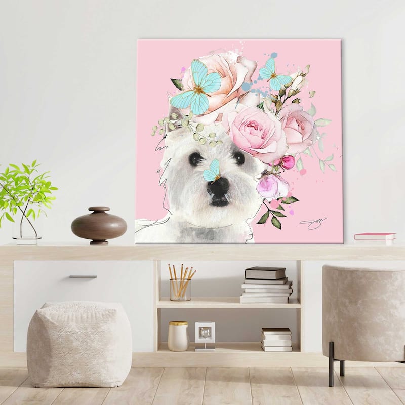 "Flower Westies" by Jodi Print on Canvas
