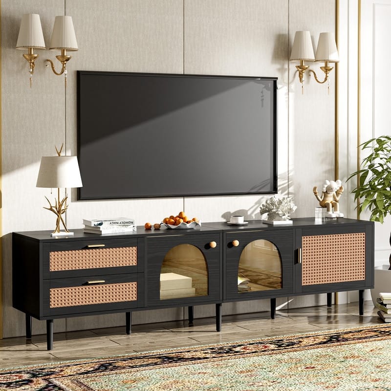 Rattan-Inspired 80'' Media Console with LED Lights & Ample Storage
