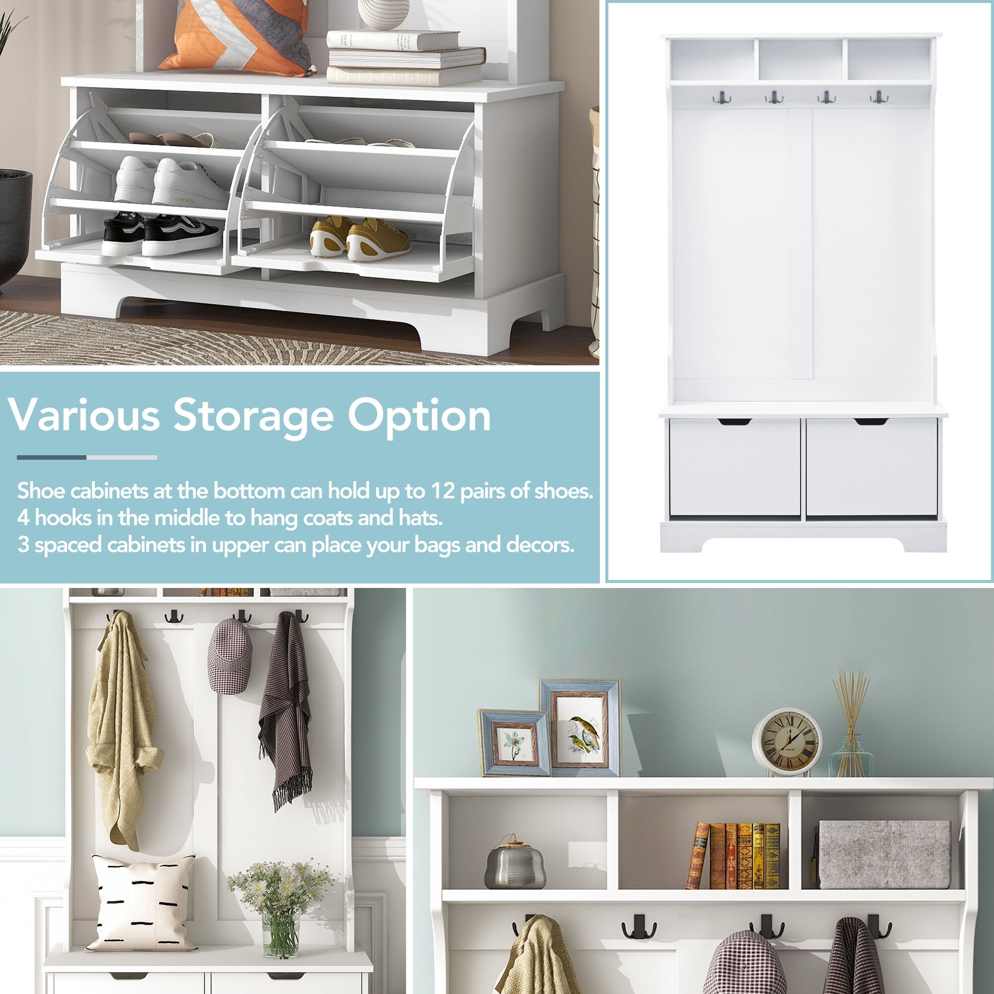 All in a Hall Tree with 3 Top Shelves 2 Flip Shoe Storage Drawers Wooden Coat Racks with Storage Bench Metal Hanging Hooks On Sale Bed Bath Beyond 37534721