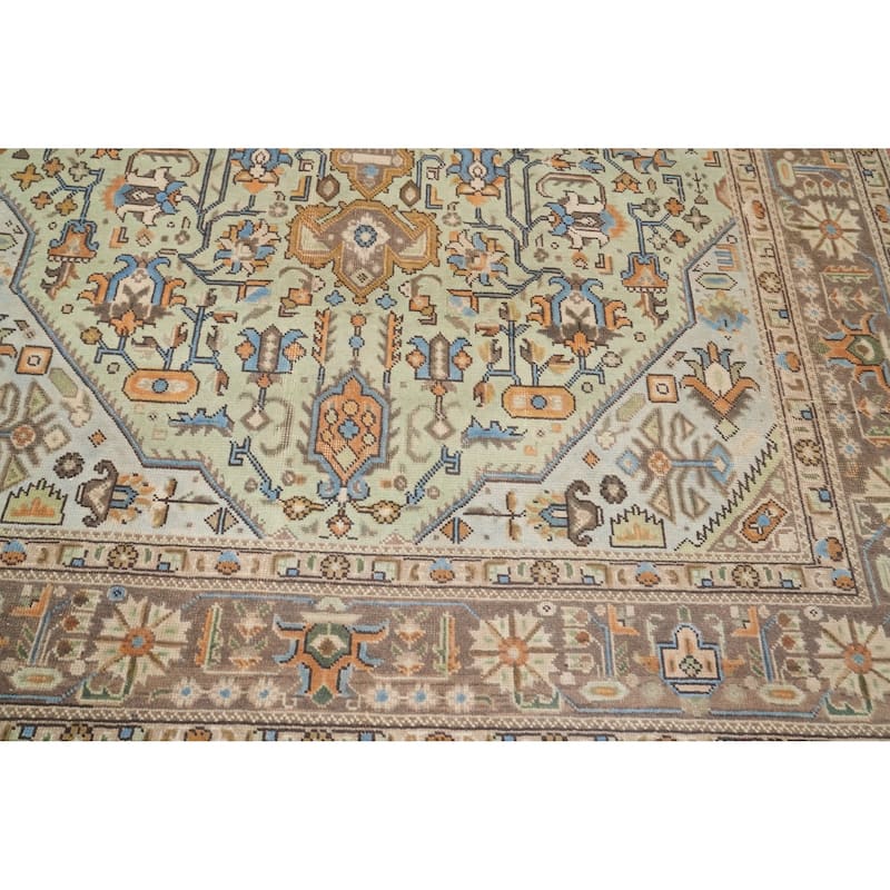 Hand Knotted Oriental 100% Wool Carpet Traditional Medallion Green Tabriz Area Rug - 9' 10'' X 6' 6''