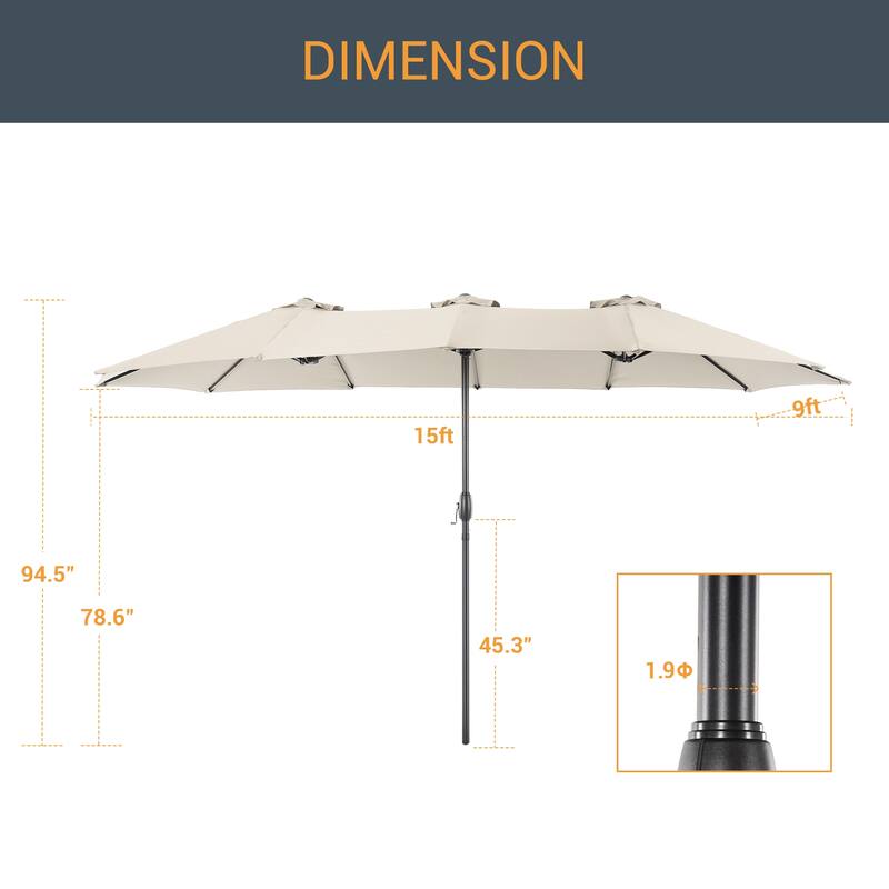 LIVOOSUN 15×9FT Double-sided Patio Umbrella with UPF50+, Handle Control, and Wind-Resistant Design——Experience Outdoor Comfort