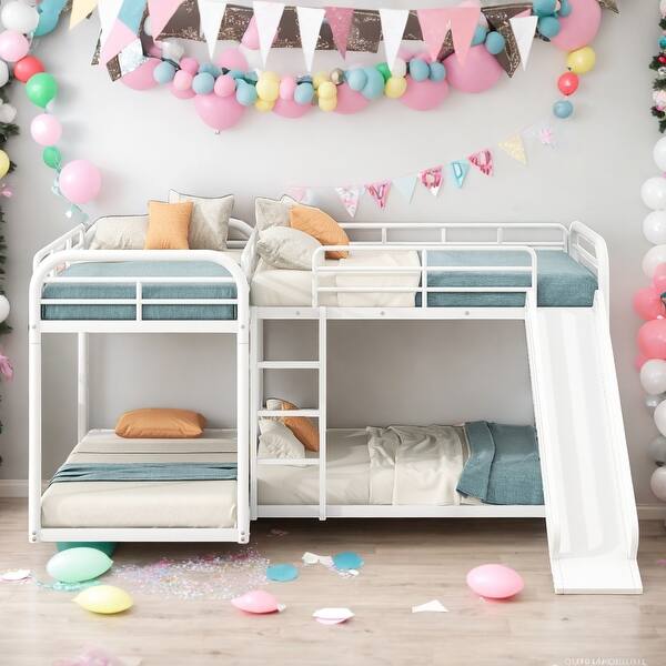 slide 2 of 9, Full and Twin Size Modern Functional Design L-Shaped Bunk Bed with Slide and Short Ladder, 4 Beds in 1,Easy Assembly White White - Twin