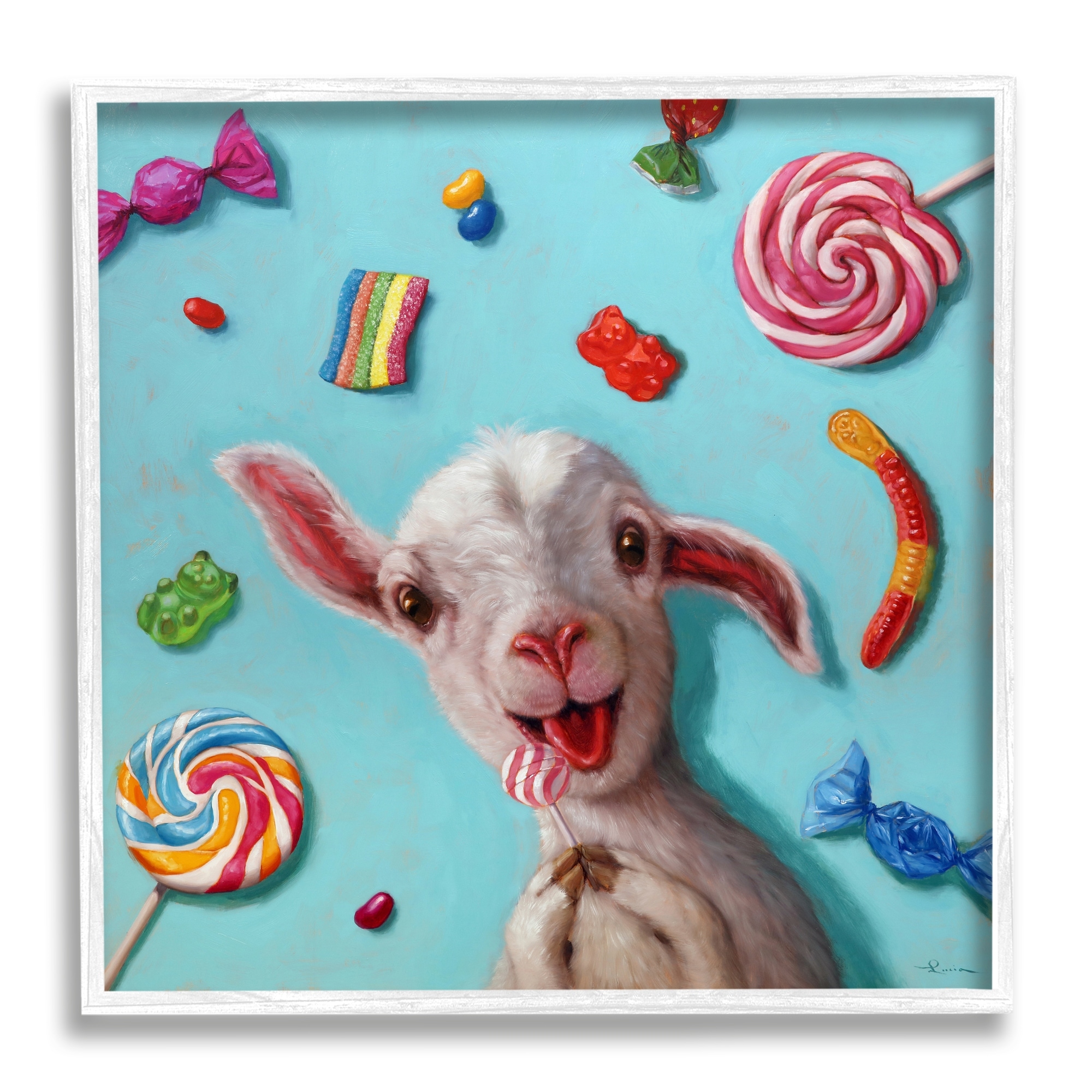 Stupell Happy Sheep with Candy Framed Giclee Art Design by Lucia Heffernan