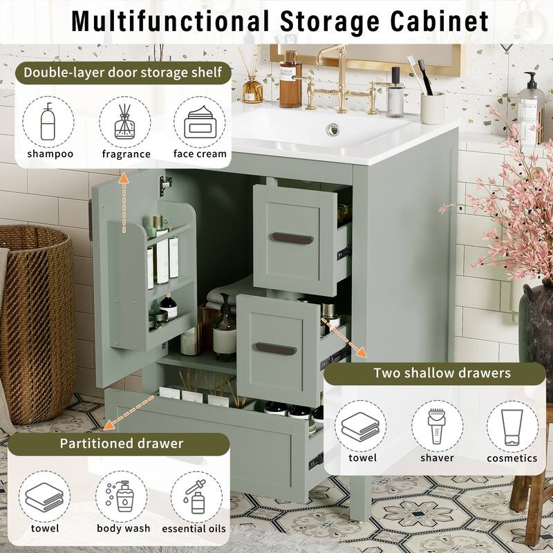 GDFStudio - Maple Modern Freestanding Bathroom Vanity with Ceramic Sink, Soft Close Door and Multi Drawer Storage