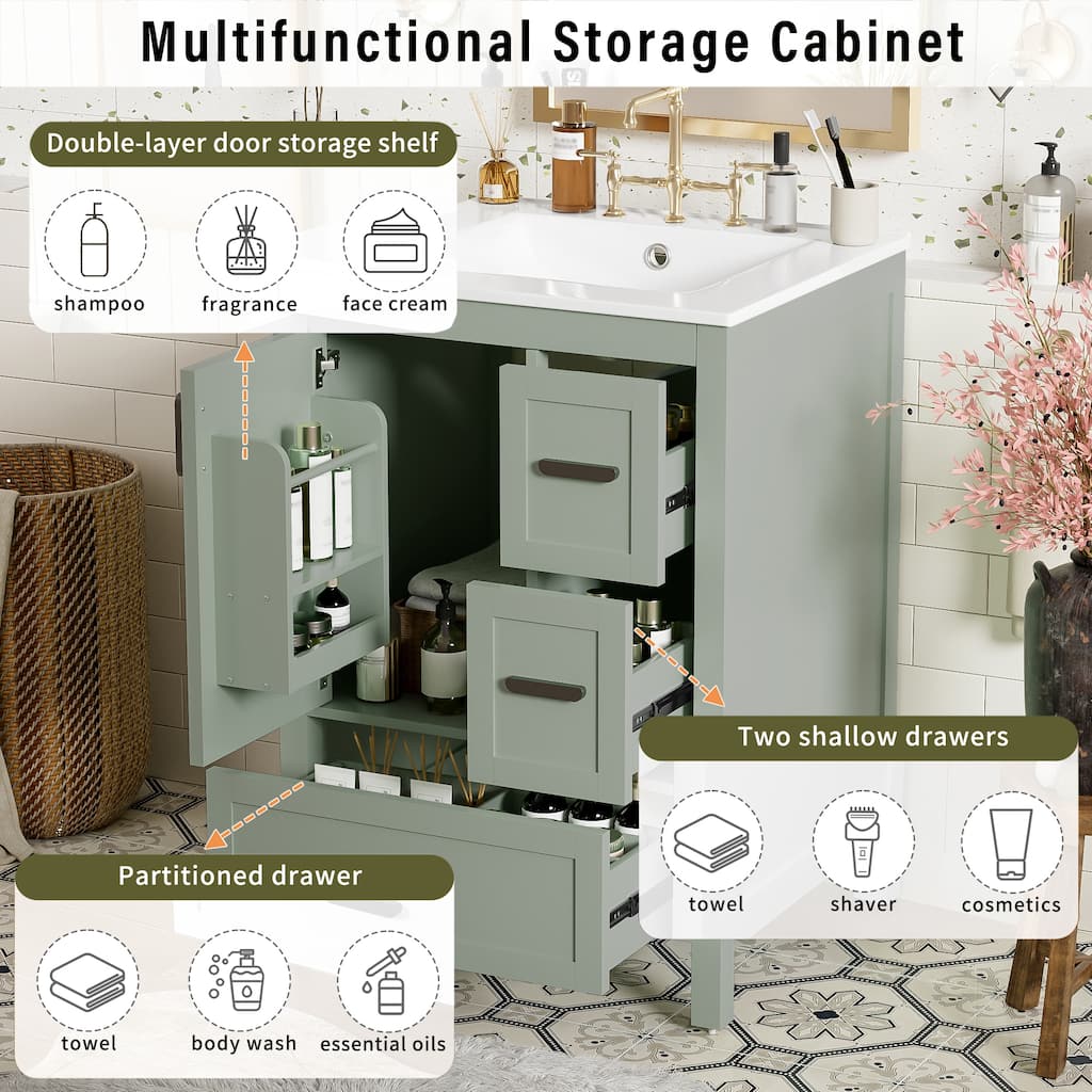 Solid Wood Frame Bathroom Vanity Cabinet with Ceramic Sink, Space-Saving 24-Inch Vanity