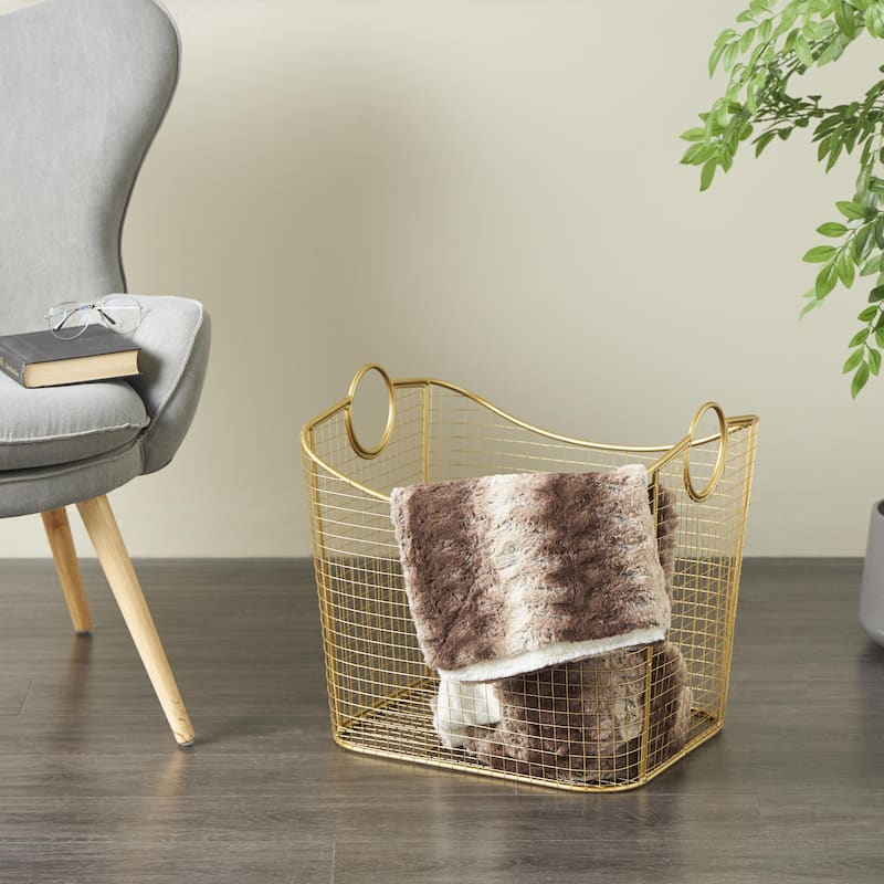 Metal Wire Grid Decorative and Functional Storage Basket with Curved Edges Ring Handles - Gold or Black - Roche River Decor