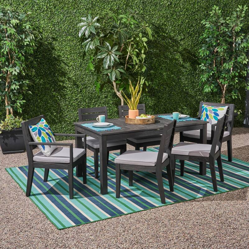 Nestor Outdoor 6-Seater Acacia Wood Expandable Dining Set by Christopher Knight Home - sandblast dark gray + dark gray cushion