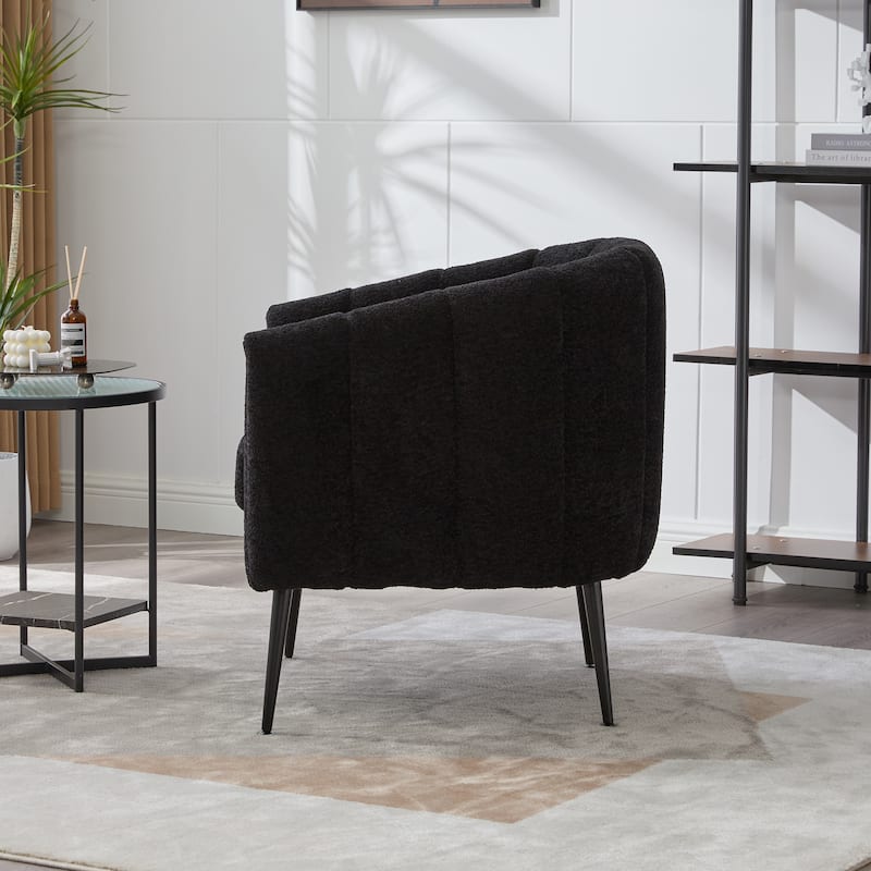 Chenille Upholstered Barrel Accent Chair, Channel Tufted Lounge Armchair, Round Reading Chair with Curved Backrest & Metal Legs