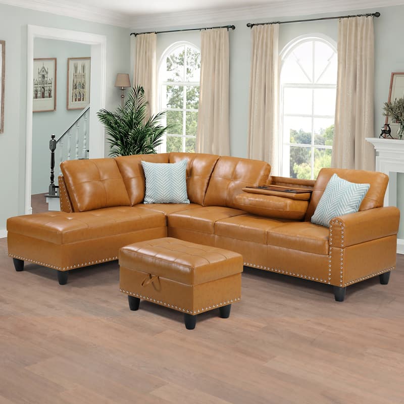HOMEFUN Linen/Leather Upholstered L-Shaped 4-seater Multifunctional Sectional Sofa with Storage Ottoman,Cup Holder - Ginger-Leather