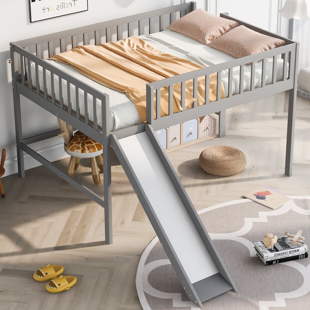 Full Size Low Loft Bed with Removable Slide and Space-Saving Ladder, Gray