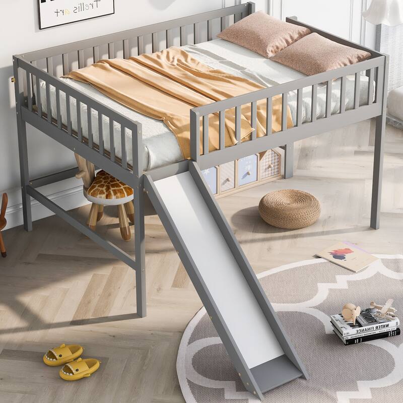Low Loft Bed Full Size with Ladder and Slide, Solid Wood Full Loft Bed Frame with Full-Length Guardrail for Kids, Boys, Girls