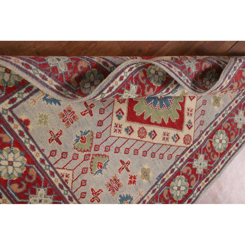 Grey Geometric Kazak Oriental Accent Rug Handmade Wool Carpet - 3'3"x 4'10"
