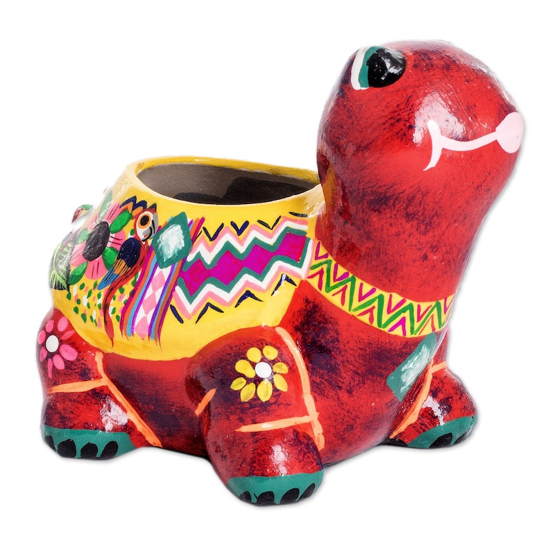 Novica Handmade Floral Turtle Small Ceramic Flower Pot