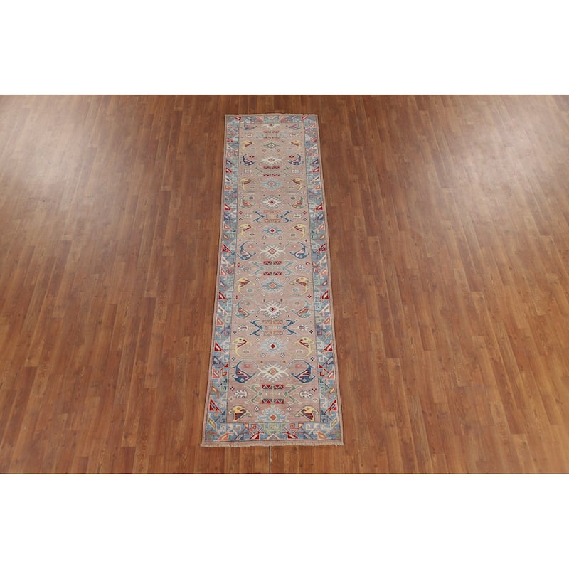 Geometric Kazak Oriental Runner Rug Handmade Red Wool Carpet - 2'7" x 9'7"