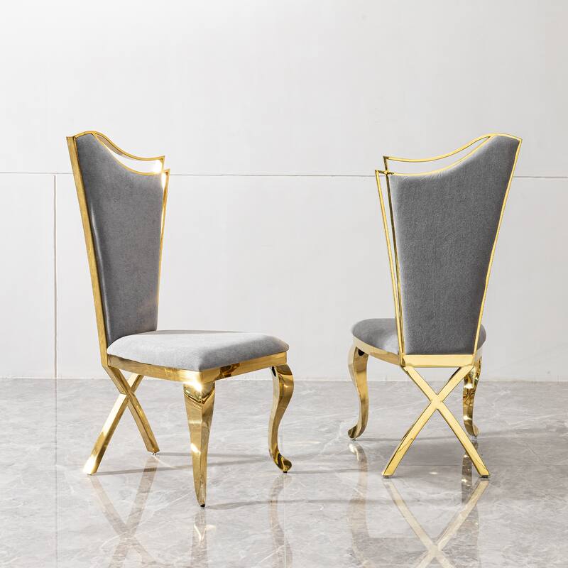 Gorgeous Streamlined High Back Grey Fabric Stainless Steel Dining Chair,Set of 2 - Gold