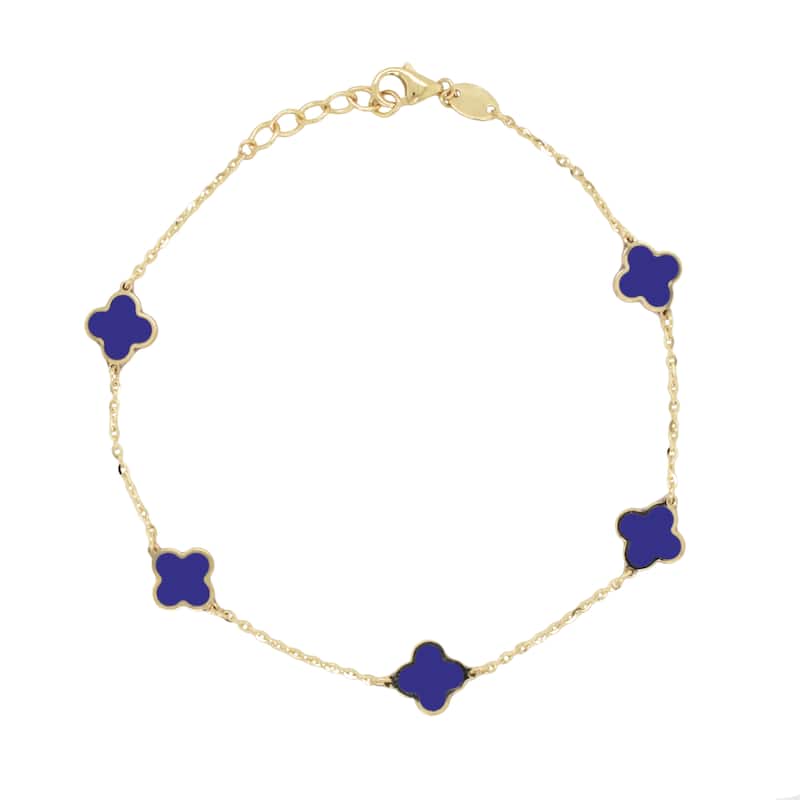 Italian Gold 14K Yellow Gold Clover Gemstone Bracelet - Made in Italy 7mm Clover Size 1.40 grams - Lapis