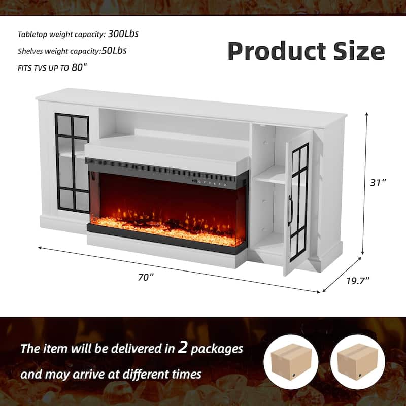 70" Fireplace TV Stand with 3-Sided Glass, ETL Certified, 12 Flame Colors, Realistic Ember Bed, Accommodates TVs up to 80"