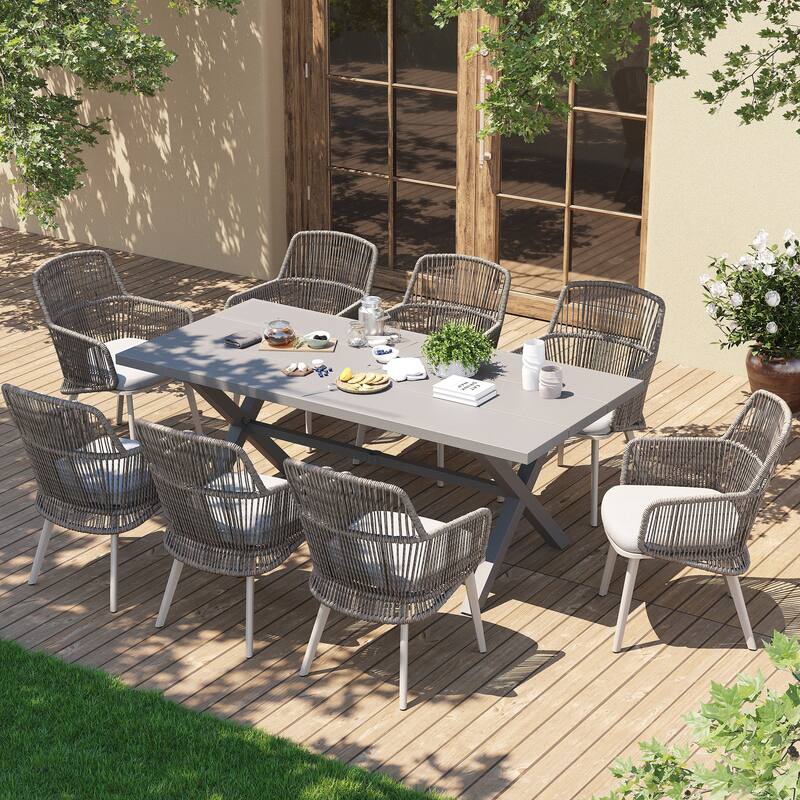 Outdoor Patio Dining Sets with PE Wicker Chairs and X-leg Aluminum Dining Table for 8 Persons