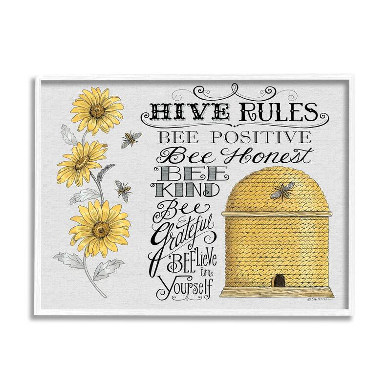 Stupell Hive Rules Motivational Phrases Bee Puns Vintage Beehive Framed Wall Art - Yellow