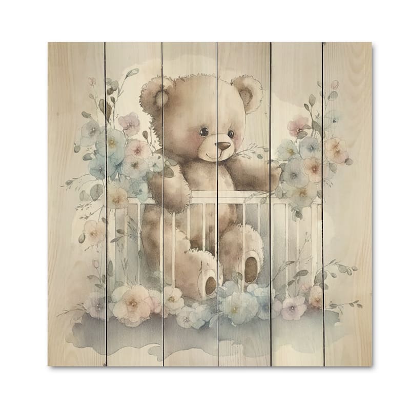 Designart 'Teddy Bear In Crib With Flowers II' Animals Bear Wood Wall Art - Natural Pine Wood