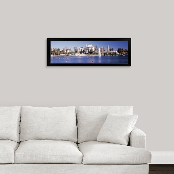 "Fountain in front of buildings, Macarthur Park, Westlake" Black Framed Print