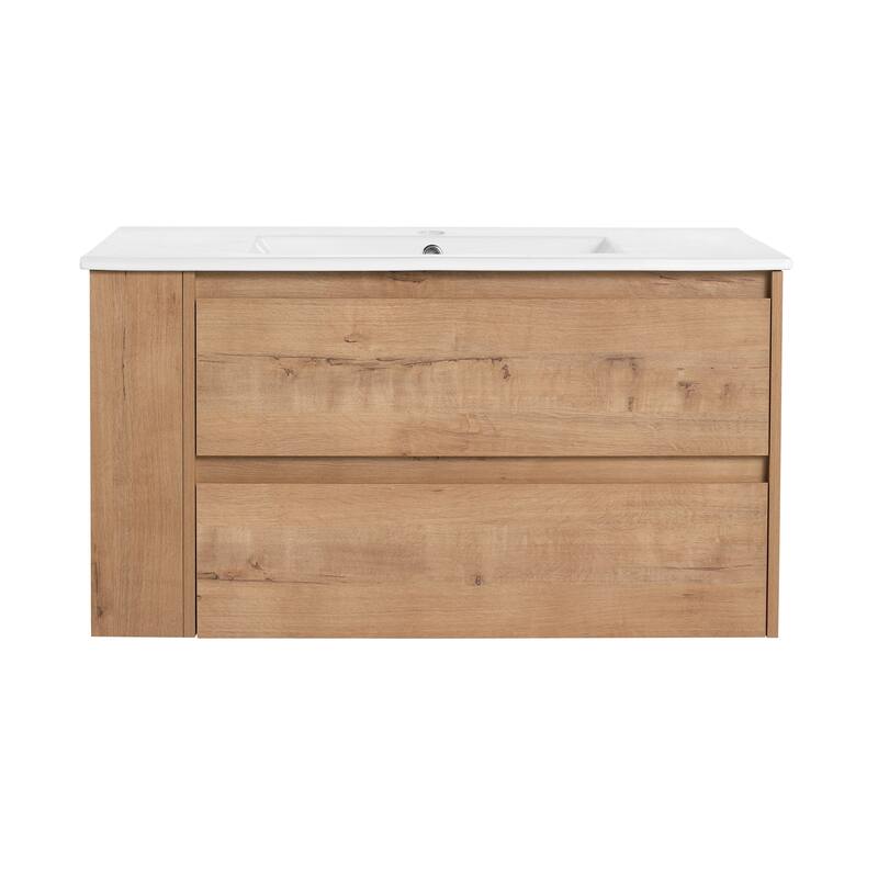 35.9-Inch Modern Bathroom Vanity with Ceramic Sink, Adjustable Side Shelf, Soft-Close Drawers, and 45° Beveled Invisible Handle