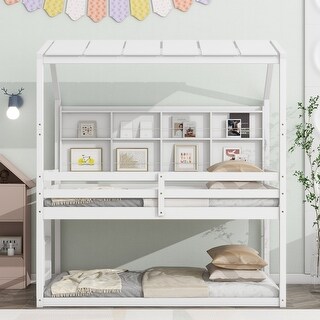 Twin Over Twin Bunk Bed with House Semi-enclosed Roof, White