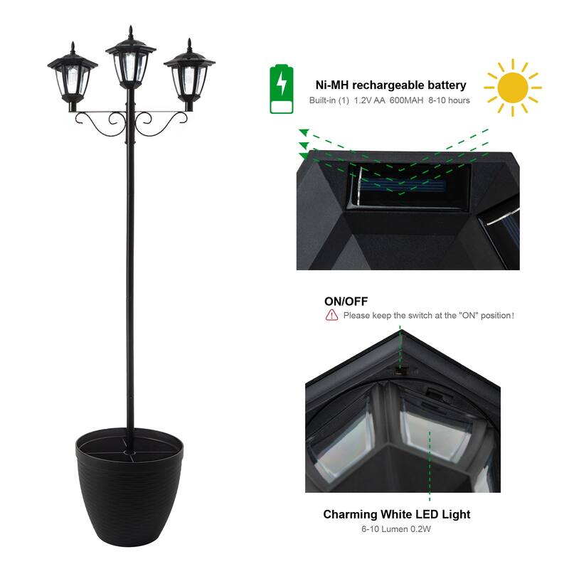 Glitzhome 6FT Solar 3-Head Lamp Street Light with Planter Pot - Black