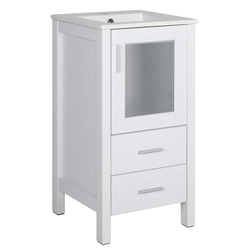 16" Bathroom Vanity Combo with Drop in Ceramic Sink Small Vanity Cabinet Set with 1 Door & 2 Drawers - White