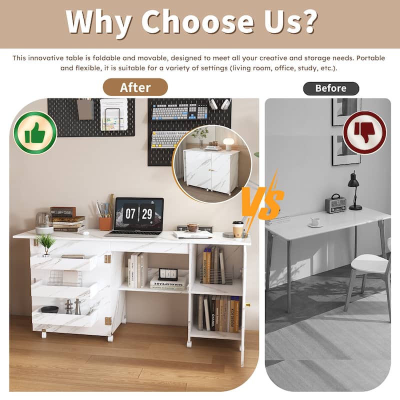 Roomfitters 57.5" Foldable Sewing Machine Table with Locking Casters, Multi-Storage Craft Station with Shelves & Bins, White