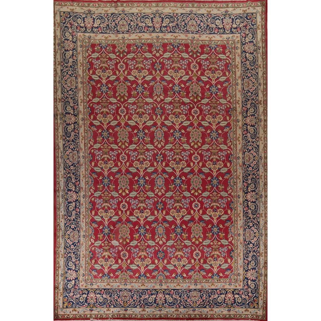 Pink Red Floral Kerman Large Vintage Persian Wool Carpet - 9'11" x 13'6"