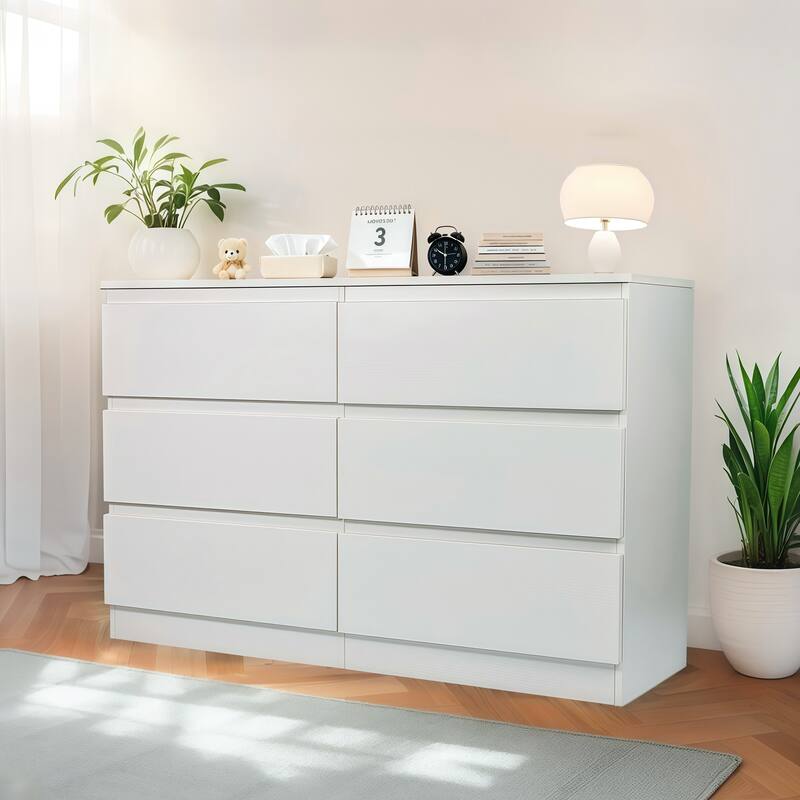 Modern 6-Drawer Dressing Table/Storage Cabinet with Concealed Handles, for Bedrooms, Living Rooms and Entryways, White