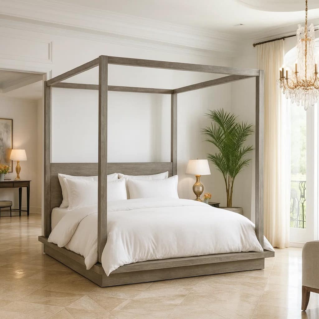 Nels California King Canopy Bed, Low Profile, Mitered Edges, Mineral Gray