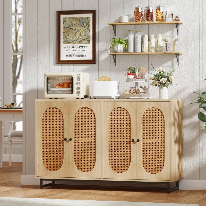 Natural Engineered Wood and Metal Buffet Sideboard with PE Rattan Doors - 50" × 16" × 32"