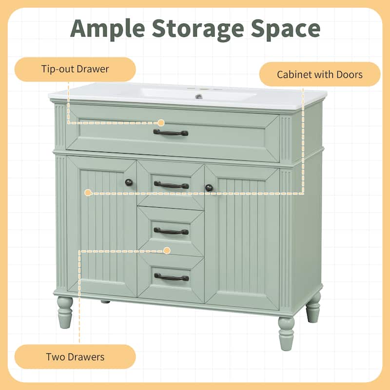 Modern 36 Inch Bathroom Vanity with Ceramic Sink, Solid Wood Frame, Golden Handles, Flip-Out Top Drawer & Storage Cabinet