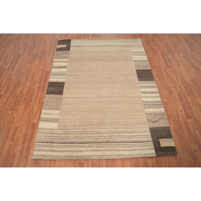 Hand Knotted Oriental 100% Wool Carpet Modern Geometric Beige & Ivories Gabbeh Area Rug - 7' 10'' X 5' 9''
