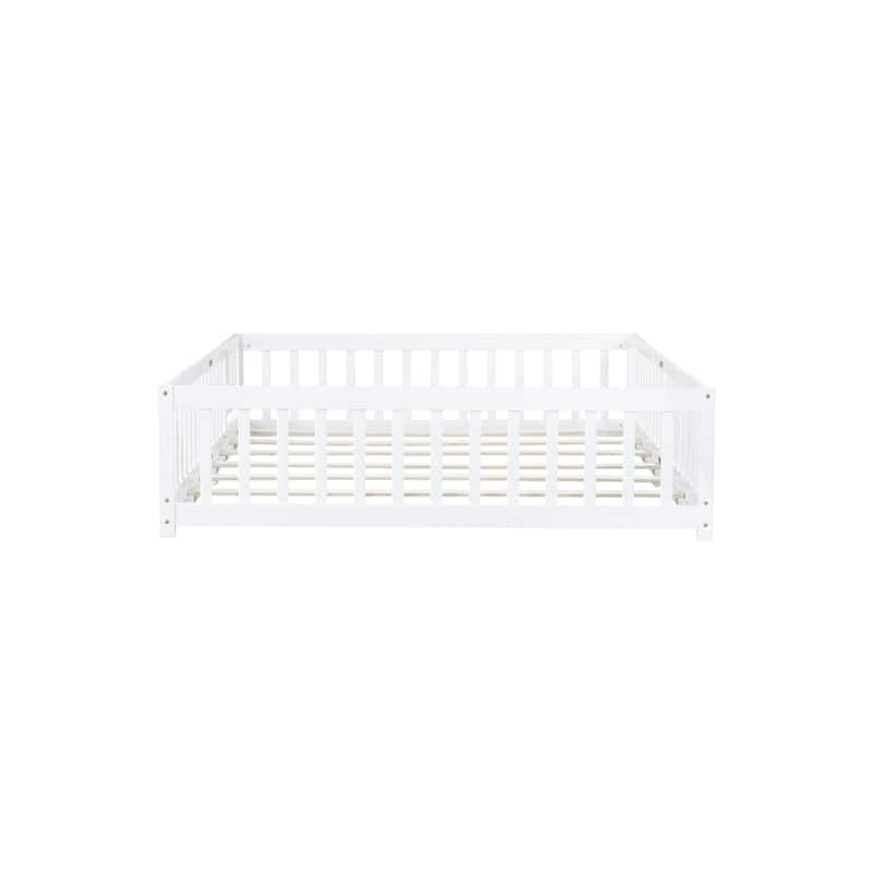 Queen Size Floor Bed with Fence,Door,Rubber Wood Floor Bed with Safety Guardrails