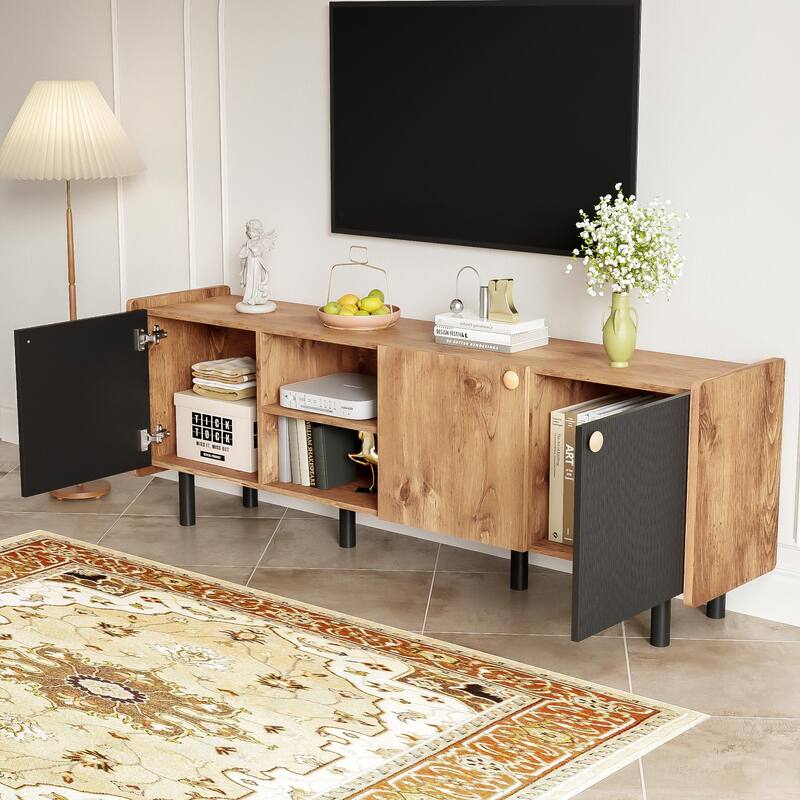 61" Mid-Century TV Stand with 3 Cabinets, Open Storage Media Console for TVs up to 70"