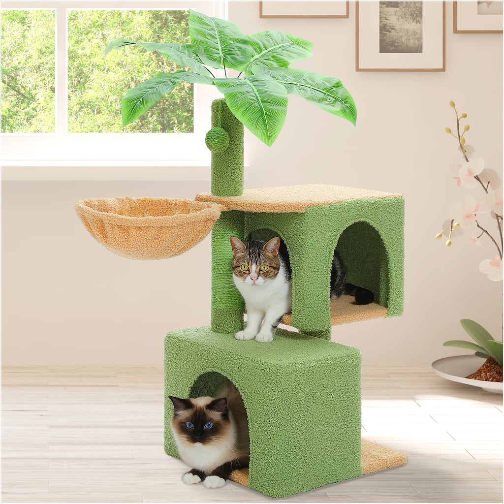 43" Cat Tree Tower, Climbing Tree with Cat Scratching Posts, 2 Big Condos and Hammock