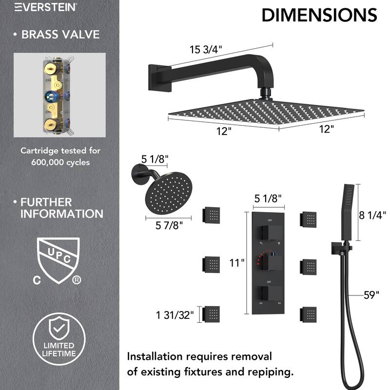 4-Functions Thermostatic Shower System, Wall Mount Shower Faucet Set 12" & 6" Dual Shower Head with 6 Body Jets
