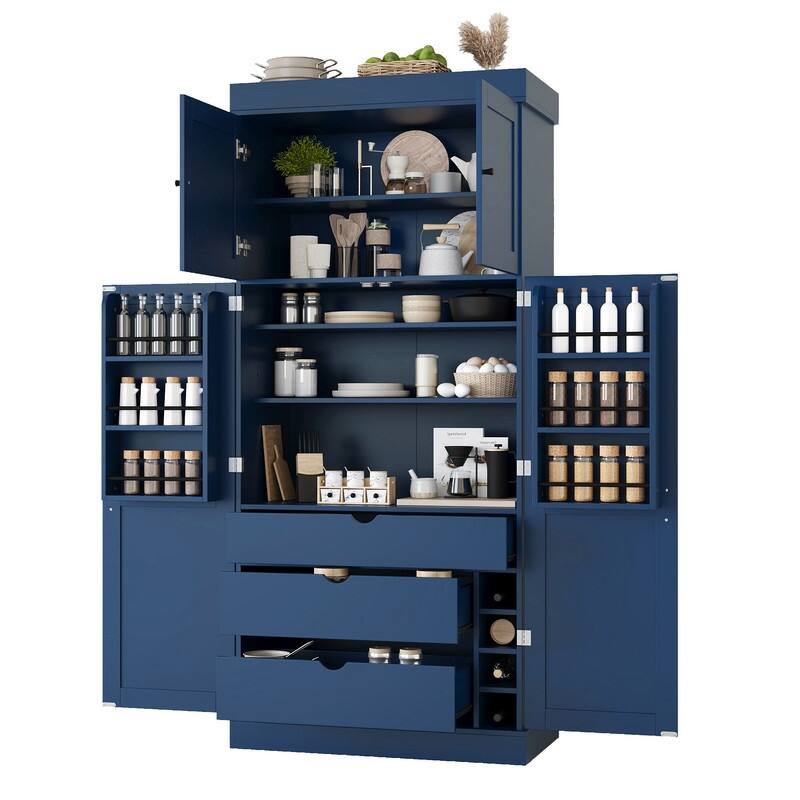 Freestanding 77"Tall Kitchen Pantry with Adjustable Shelves,Door Shelves, Drawers and Wine Racks