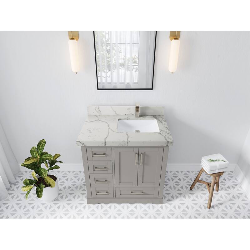 Willow Collections 36 x 22 Boston Right Offset Sink Bathroom Vanity with Quartz or Marble Countertop - 2"Venatino Quartz - Elephant Skin Gray